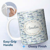 Personalized Custom Name Soft Watercolor Seagulls Standing on Shore Seamless Pattern Lovely 11oz Ceramic Coffee Tea Mug White Large Handle
