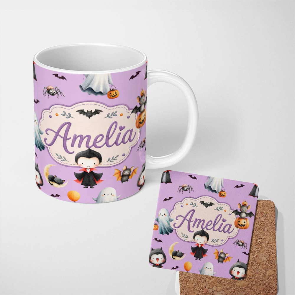 Personalized Custom Name Halloween Vampire Ghost Bat Spooky Character Purple Seamless 11oz Ceramic Coffee Tea Mug White Large Handle