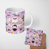 Personalized Custom Name Halloween Vampire Ghost Bat Spooky Character Purple Seamless 11oz Ceramic Coffee Tea Mug White Large Handle