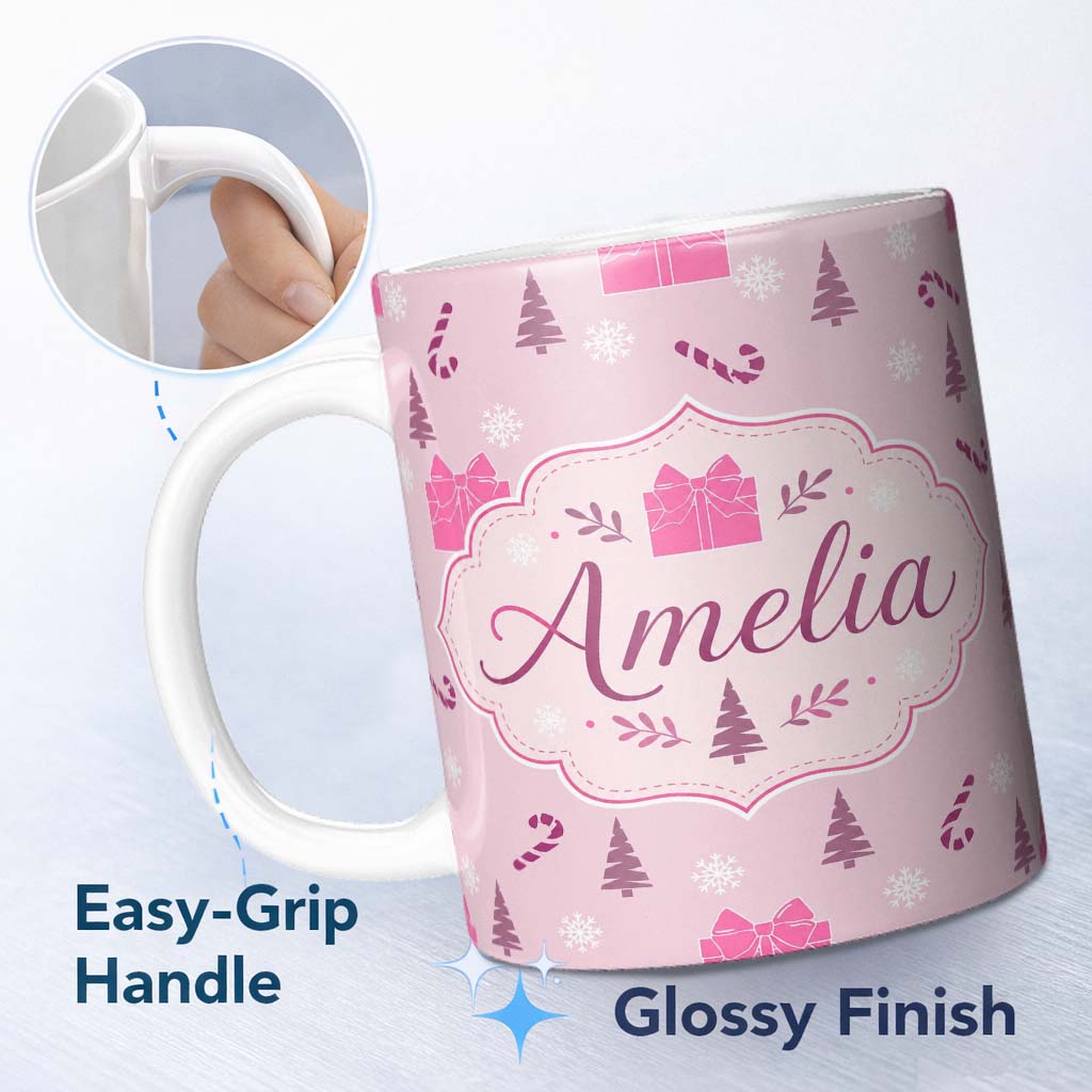 Personalized Custom Name Cute Pink Christmas Gifts Candy Cane Snowflake Seamless Pattern 11oz Ceramic Coffee Tea Mug White Large Handle