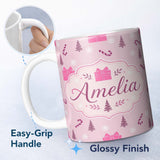 Personalized Custom Name Cute Pink Christmas Gifts Candy Cane Snowflake Seamless Pattern 11oz Ceramic Coffee Tea Mug White Large Handle