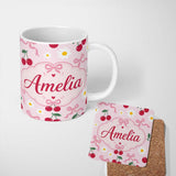 Personalized Custom Name Cute Cherry and Daisy Flowers with Pink Ribbon Bows Soft Pink Lovely 11oz Ceramic Coffee Tea Mug White Large Handle