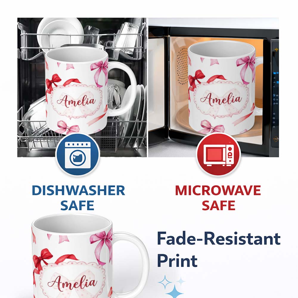 Personalized Custom Name Watercolor Red Pink Ribbon Bows Light Grey Background Cute Girly 11oz Ceramic Coffee Tea Mug White Large Handle