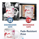 Personalized Custom Name Watercolor Red Pink Ribbon Bows Light Grey Background Cute Girly 11oz Ceramic Coffee Tea Mug White Large Handle