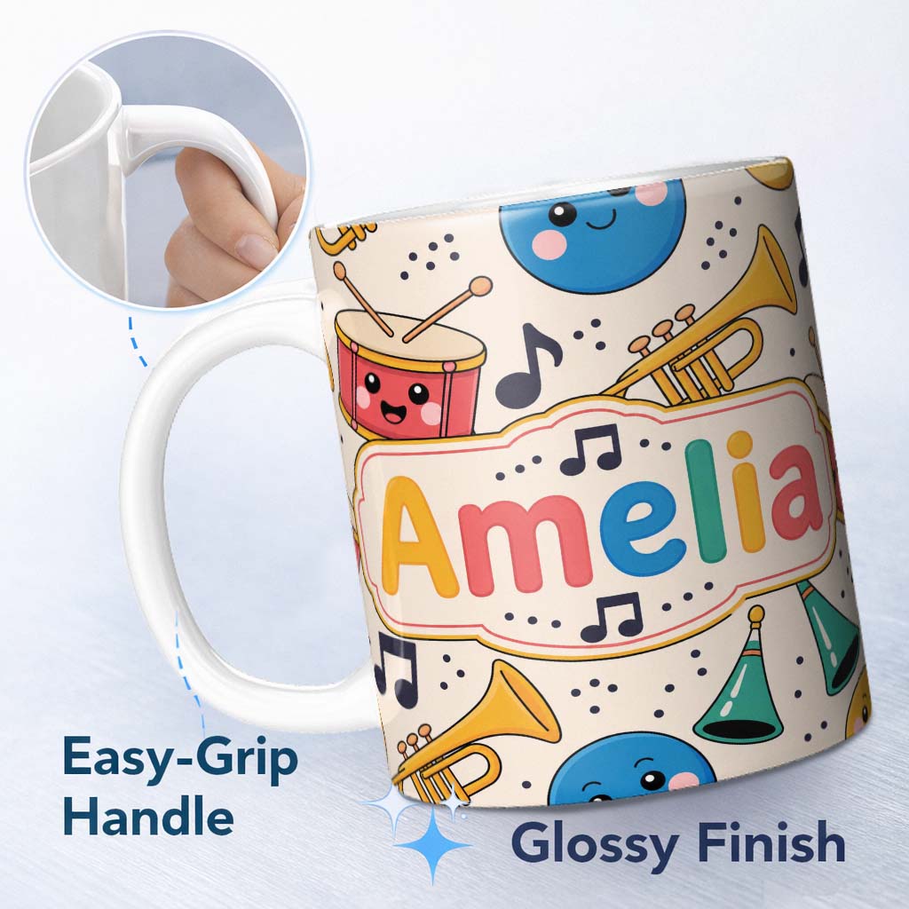 Personalized Custom Name Cute Musical Instruments Notes Cartoon Fun Seamless Pattern 11oz Ceramic Coffee Tea Mug White Large Handle
