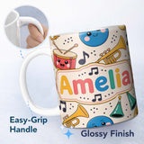 Personalized Custom Name Cute Musical Instruments Notes Cartoon Fun Seamless Pattern 11oz Ceramic Coffee Tea Mug White Large Handle