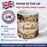 Personalized Custom Name Neutral Floral with Large Vintage Flowers,Leopard Print in Beige 11oz Ceramic Coffee Tea Mug White Large Handle