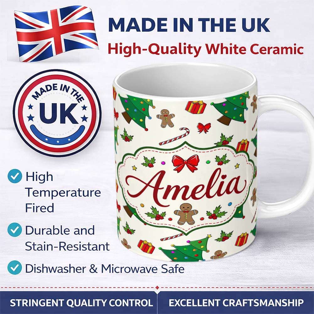 Personalized Custom Name Cute Christmas Tree Gifts Candy Cane Gingerbread Seamless Pattern 11oz Ceramic Coffee Tea Mug White Large Handle