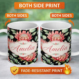 Personalized Custom Name Coral Protea Flowers on Black Background Seamless Botanical Pattern 11oz Ceramic Coffee Tea Mug White Large Handle