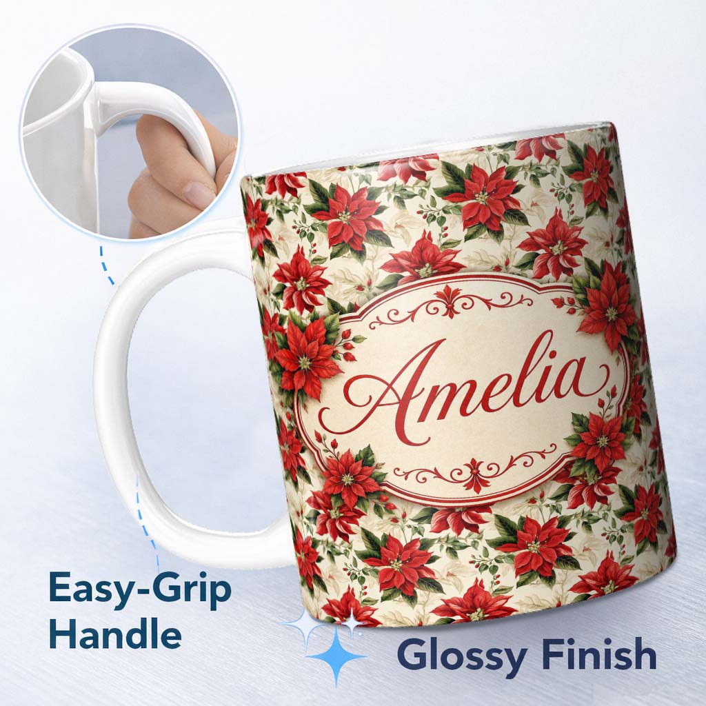 Personalized Custom Name Vintage Poinsettia Floral Cream Background Christmas Botanical Print 11oz Ceramic Coffee Tea Mug White Large Handle