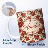 Personalized Custom Name Vintage Poinsettia Floral Cream Background Christmas Botanical Print 11oz Ceramic Coffee Tea Mug White Large Handle