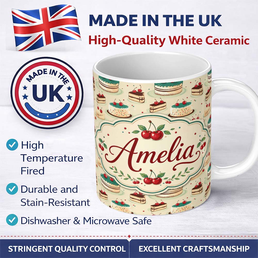 Personalized Custom Name Cherry Celebration Cake Dessert Seamless Pattern Cute Unique Gift 11oz Ceramic Coffee Tea Mug White Large Handle
