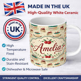 Personalized Custom Name Cherry Celebration Cake Dessert Seamless Pattern Cute Unique Gift 11oz Ceramic Coffee Tea Mug White Large Handle