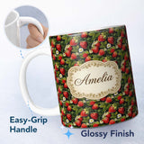Personalized Custom Name Rich Vintage Strawberries Leaves and Blossoms on Dark Background 11oz Ceramic Coffee Tea Mug White Large Handle