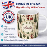Personalized Custom Name Cute Santa Claus Christmas Trees Holly Leaves and Festive Holiday 11oz Ceramic Coffee Tea Mug White Large Handle