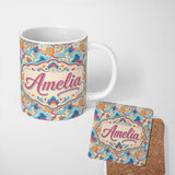 Personalized Custom Name Floral Swirl Pattern Vintage 70s Style Seamless Botanical Design 11oz Ceramic Coffee Tea Mug White Large Handle