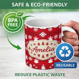 Personalized Custom Name Cute Red Knitted Christmas Tree Snowflake Nordic Festive Seamless 11oz Ceramic Coffee Tea Mug White Large Handle