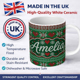 Personalized Custom Name Christmas Heart Stripe Scandinavian Knit Seamless Pattern Lovely 11oz Ceramic Coffee Tea Mug White Large Handle
