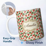Personalized Custom Name Vintage Strawberries and Floral Garden on Cream Beige Background 11oz Ceramic Coffee Tea Mug White Large Handle
