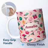 Personalized Custom Name Cute Gingerbread Candy Cane Christmas Seamless Pattern Lovely 11oz Ceramic Coffee Tea Mug White Large Handle