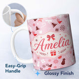 Personalized Custom Name Cute Christmas Snowman Reindeer Gift Seamless Pattern Lovely 11oz Ceramic Coffee Tea Mug White Large Handle