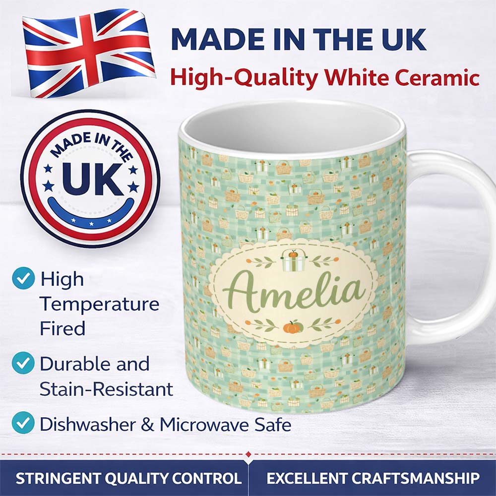Personalized Custom Name Soft Pastel Picnic Basket and Fruit Motif Seamless Pattern Lovely 11oz Ceramic Coffee Tea Mug White Large Handle