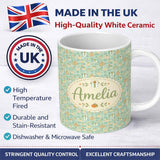 Personalized Custom Name Soft Pastel Picnic Basket and Fruit Motif Seamless Pattern Lovely 11oz Ceramic Coffee Tea Mug White Large Handle