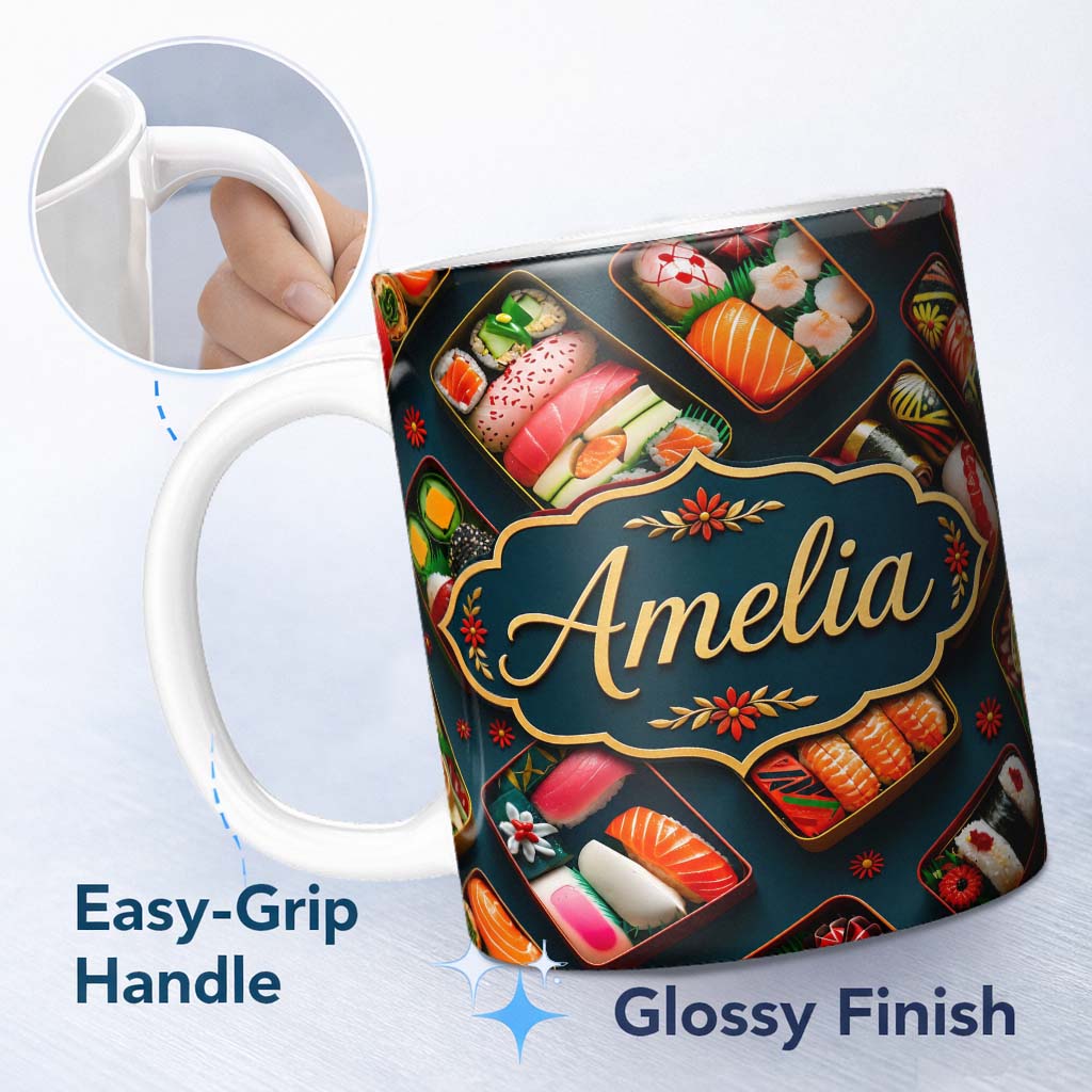 Personalized Custom Name Assorted Sushi Bento Boxes with Fresh Ingredients Pattern Japanese 11oz Ceramic Coffee Tea Mug White Large Handle