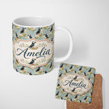 Personalized Custom Name Puffin and Wildflower Garden Pattern Nature Inspired Seamless Design 11oz Ceramic Coffee Tea Mug White Large Handle