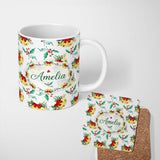 Personalized Custom Name Watercolor Christmas Bells Holly Berry Festive Seamless Pattern 11oz Ceramic Coffee Tea Mug White Large Handle