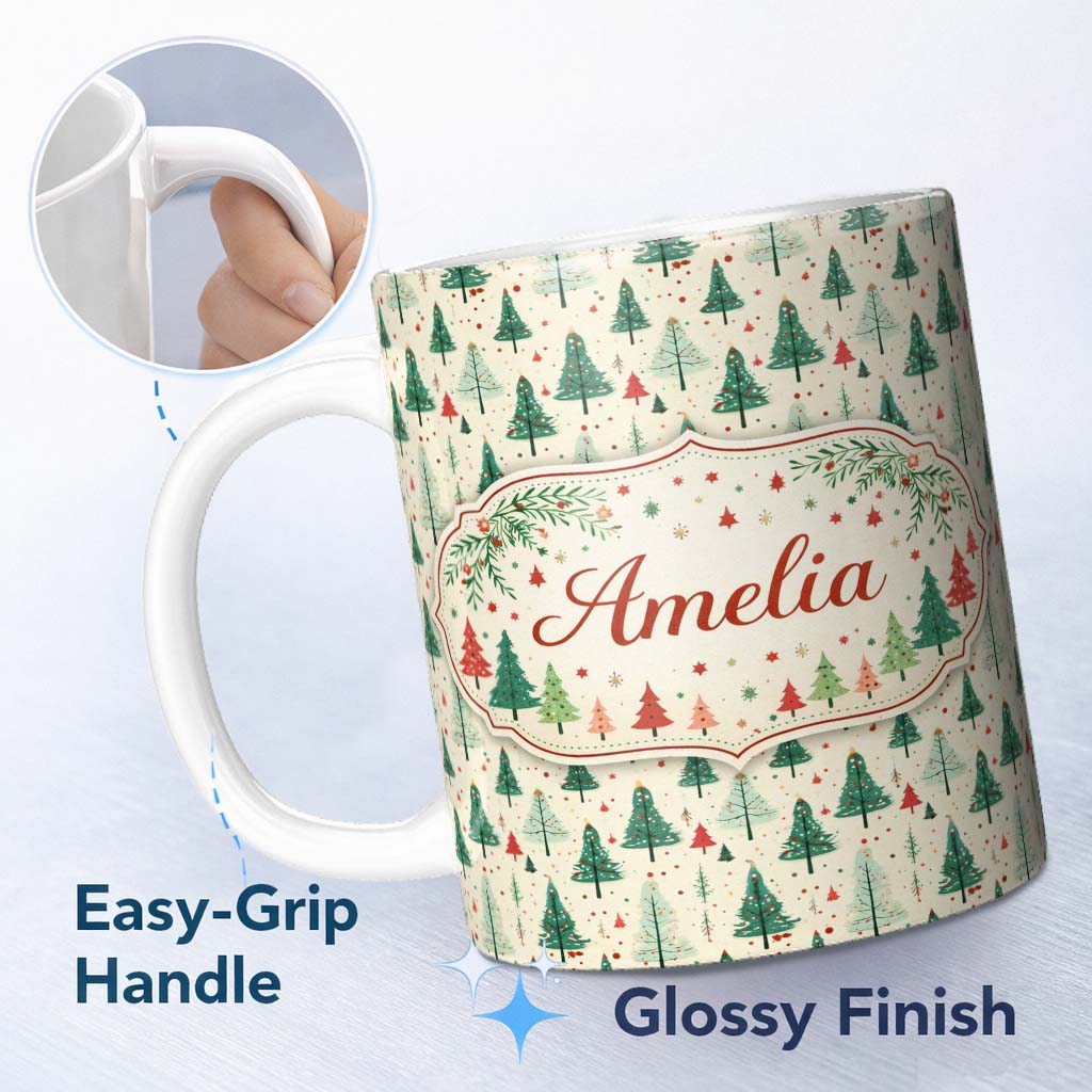 Personalized Custom Name Vintage Christmas Tree Distressed Neutral Seamless Pattern Lovely 11oz Ceramic Coffee Tea Mug White Large Handle