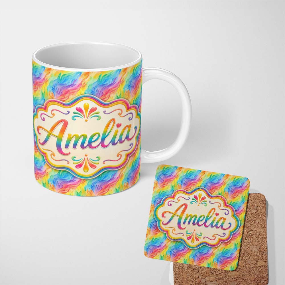 Personalized Custom Name Flowing Rainbow Feather Leaf Texture Seamless Pattern Lovely 11oz Ceramic Coffee Tea Mug White Large Handle