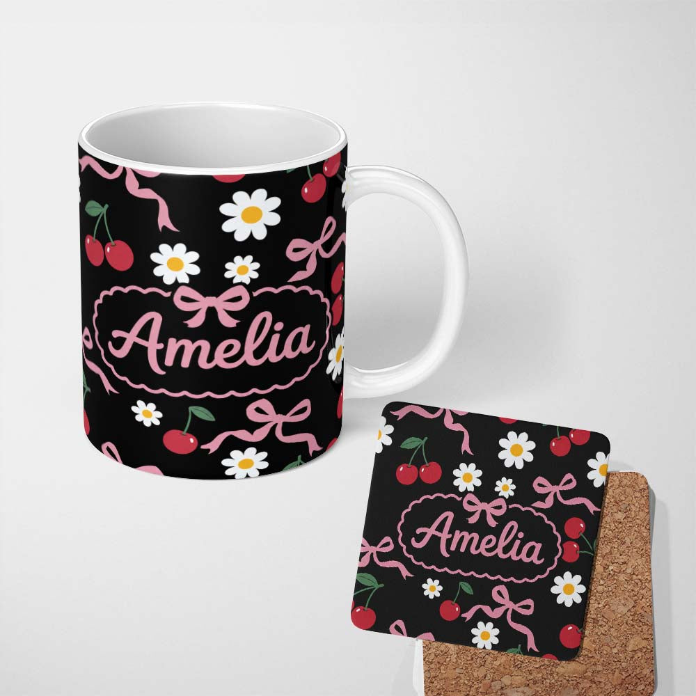 Personalized Custom Name Cute Cherry Bow and Daisy Seamless Pattern on Black Cute Unique Gift 11oz Ceramic Coffee Tea Mug White Large Handle