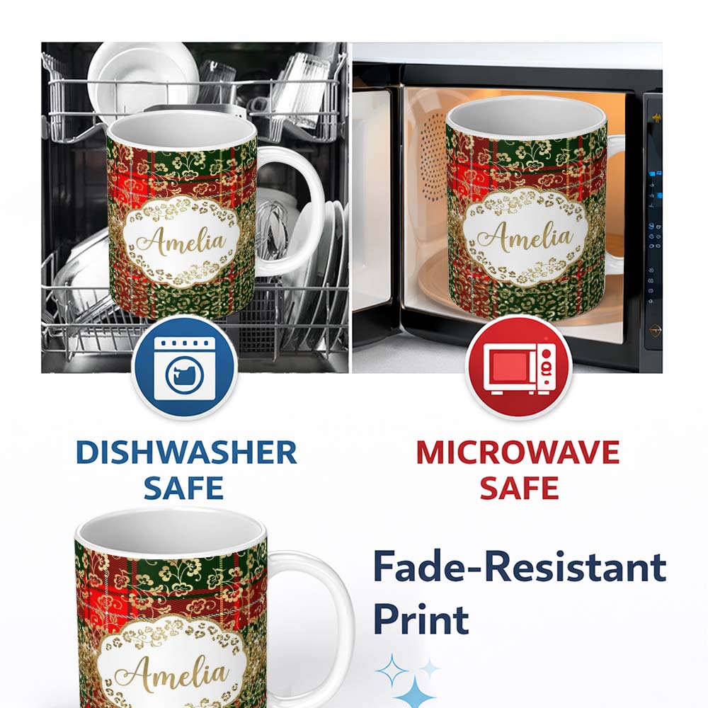 Personalized Custom Name Festive Plaid Gold Floral Glitter Christmas Seamless Pattern Lovely 11oz Ceramic Coffee Tea Mug White Large Handle