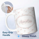 Personalized Custom Name Soft Pink Bows and Roses Watercolor Floral Seamless Pattern Lovely 11oz Ceramic Coffee Tea Mug White Large Handle