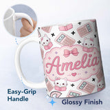 Personalized Custom Name Cute Kawaii Maths Cat Calculator Ruler Seamless Pattern White Lovely 11oz Ceramic Coffee Tea Mug White Large Handle