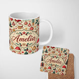 Personalized Custom Name Christmas Tree Candy Cane Baubles Seamless Pattern Festive Holiday 11oz Ceramic Coffee Tea Mug White Large Handle