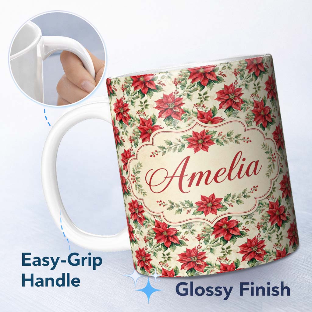 Personalized Custom Name Classic Christmas Poinsettia Floral Cream Background Seamless Lovely 11oz Ceramic Coffee Tea Mug White Large Handle