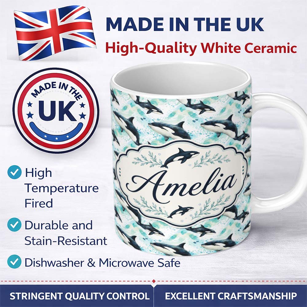 Personalized Custom Name Stylised Orca Whale Wave Seamless Pattern Nautical Ocean Scene 11oz Ceramic Coffee Tea Mug White Large Handle