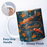 Personalized Custom Name Koi Fish in Clear Blue Water with Autumn Leaves Pattern Nature 11oz Ceramic Coffee Tea Mug White Large Handle