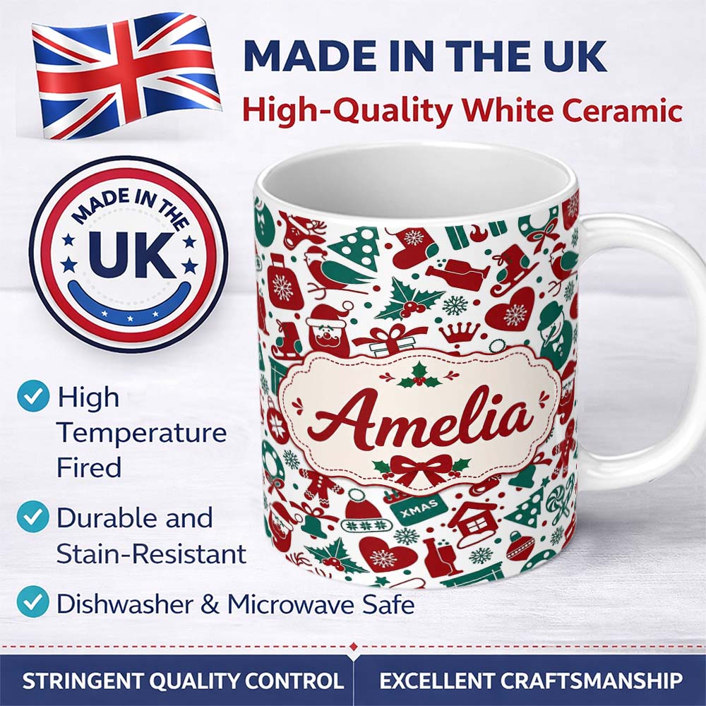 Personalized Custom Name Festive Christmas Santa Gift Snowman Seamless Pattern Lovely 11oz Ceramic Coffee Tea Mug White Large Handle