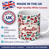 Personalized Custom Name Festive Christmas Santa Gift Snowman Seamless Pattern Lovely 11oz Ceramic Coffee Tea Mug White Large Handle