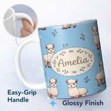 Personalized Custom Name Cute Alpaca Llama Pattern with Floral Sprigs on Bright Blue Lovely 11oz Ceramic Coffee Tea Mug White Large Handle