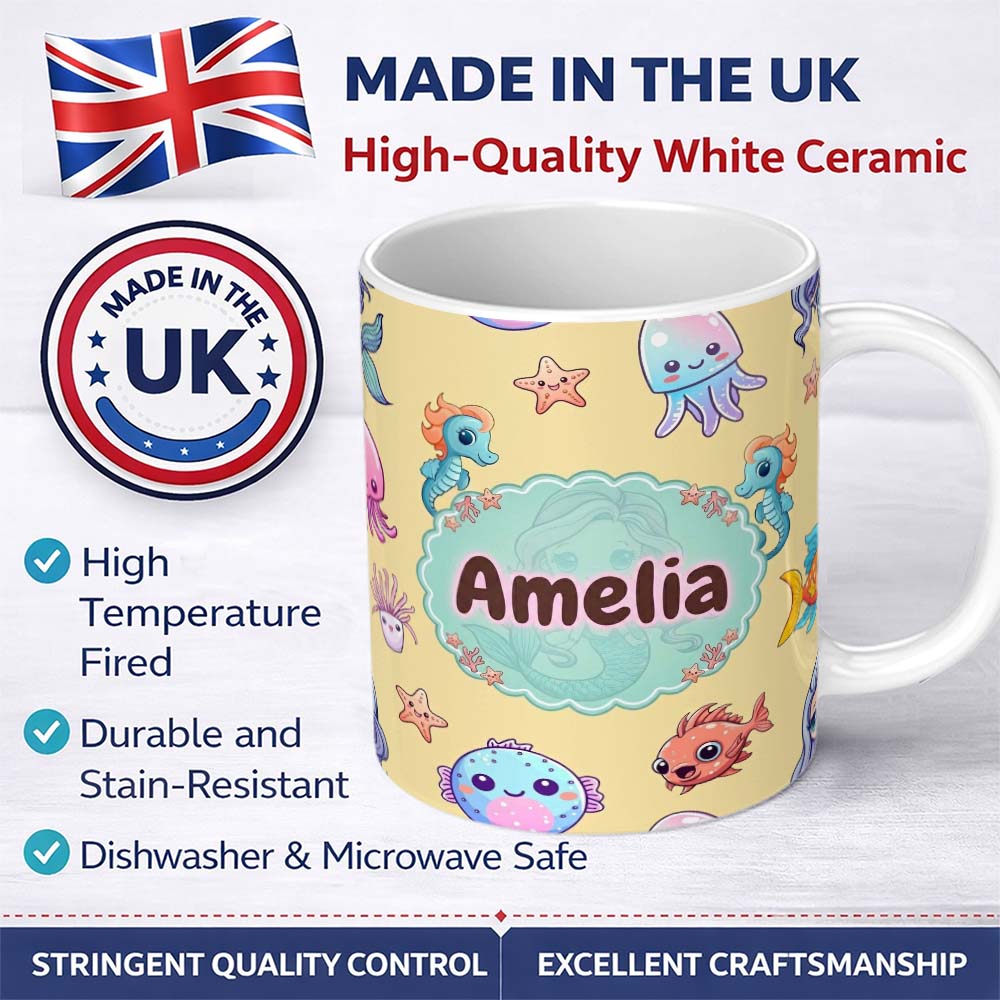 Personalized Custom Name Cute Kawaii Mermaid Seahorse Jellyfish and Starfish Soft Yellow 11oz Ceramic Coffee Tea Mug White Large Handle