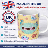 Personalized Custom Name Cute Kawaii Mermaid Seahorse Jellyfish and Starfish Soft Yellow 11oz Ceramic Coffee Tea Mug White Large Handle