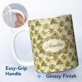 Personalized Custom Name Soft Coastal Palm Tree Pattern in Muted Green and Beige Tones Lovely 11oz Ceramic Coffee Tea Mug White Large Handle