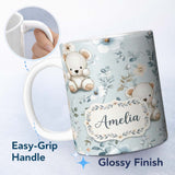 Personalized Custom Name Cute Teddy Bears with Soft Blue Floral Background Seamless Pattern 11oz Ceramic Coffee Tea Mug White Large Handle