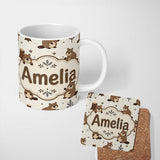 Personalized Custom Name Cute Beavers Forest Trees Woodland Animals Seamless Pattern Lovely 11oz Ceramic Coffee Tea Mug White Large Handle