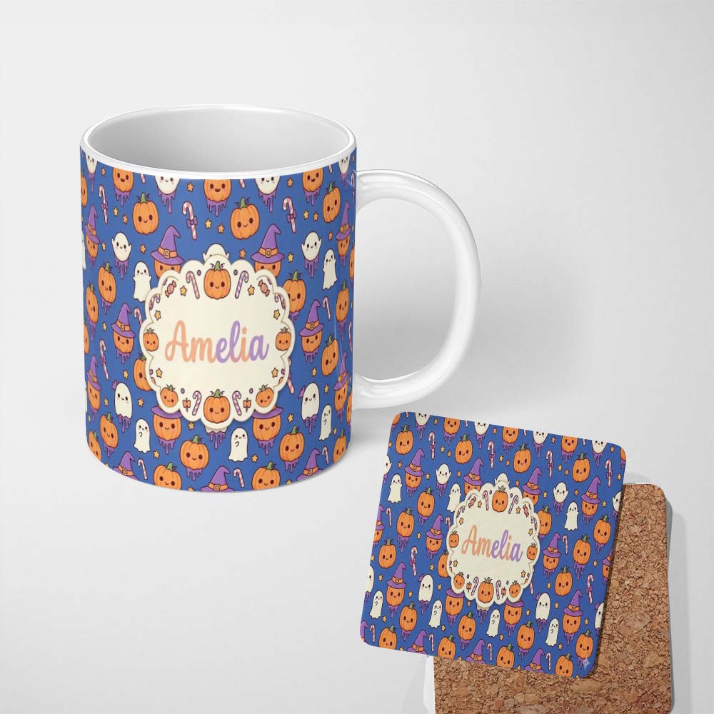 Personalized Custom Name Cute Kawaii Halloween Pumpkin Witch Candy Seamless Pattern Blue 11oz Ceramic Coffee Tea Mug White Large Handle