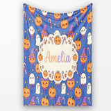 Cute Kawaii Halloween Pumpkin Witch Candy Seamless Pattern Blue  Personalised Custom Name Super Soft Fleece Blanket Bed Sofa Throw